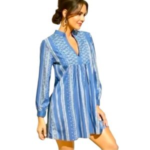 Zara Embroidered Denim Dress Blue Sz XL Chambray Long Sleeve Boho Tunic Shirt